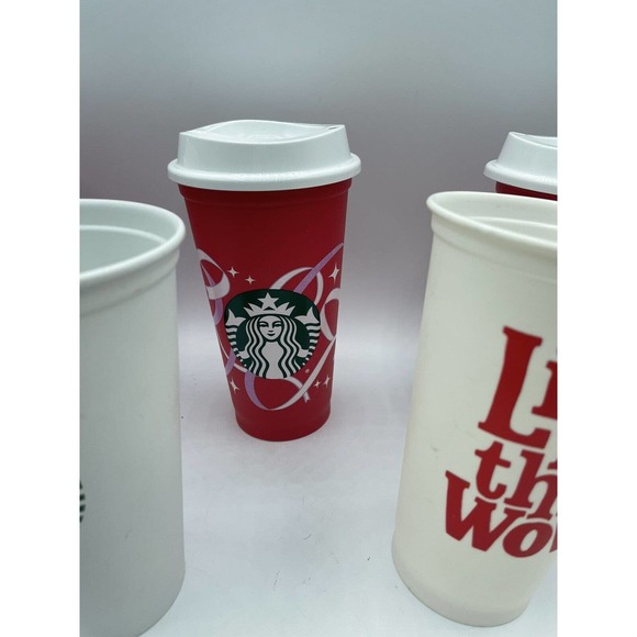 5 Starbucks Christmas Holiday Red White16 Oz. Recycled Travel Cups Mugs w 3 Lids - Picture 3 of 8